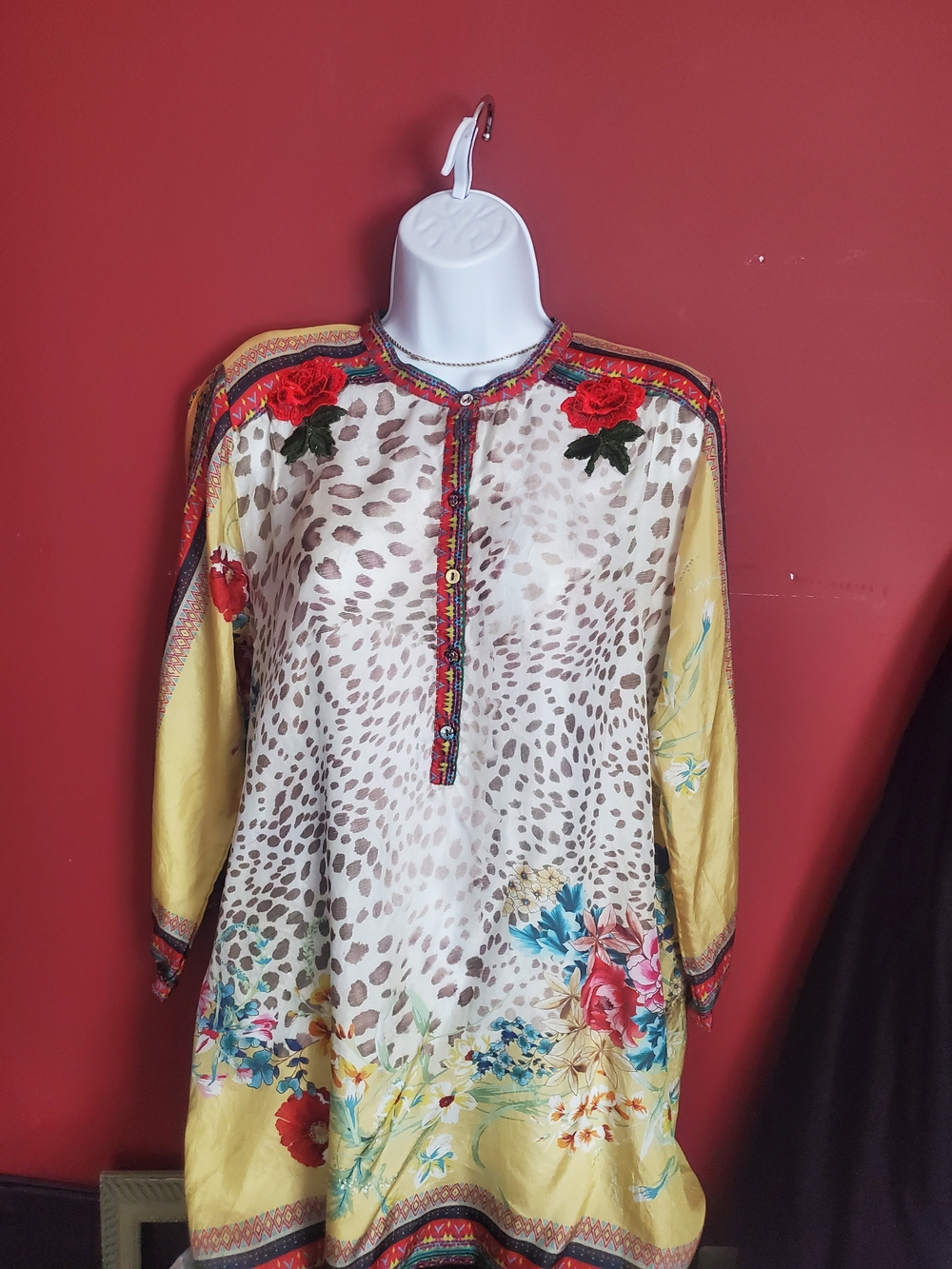 Johnny WAS Silk Floral & Leopard Print Long Sleeve Tunic Top in Yellow